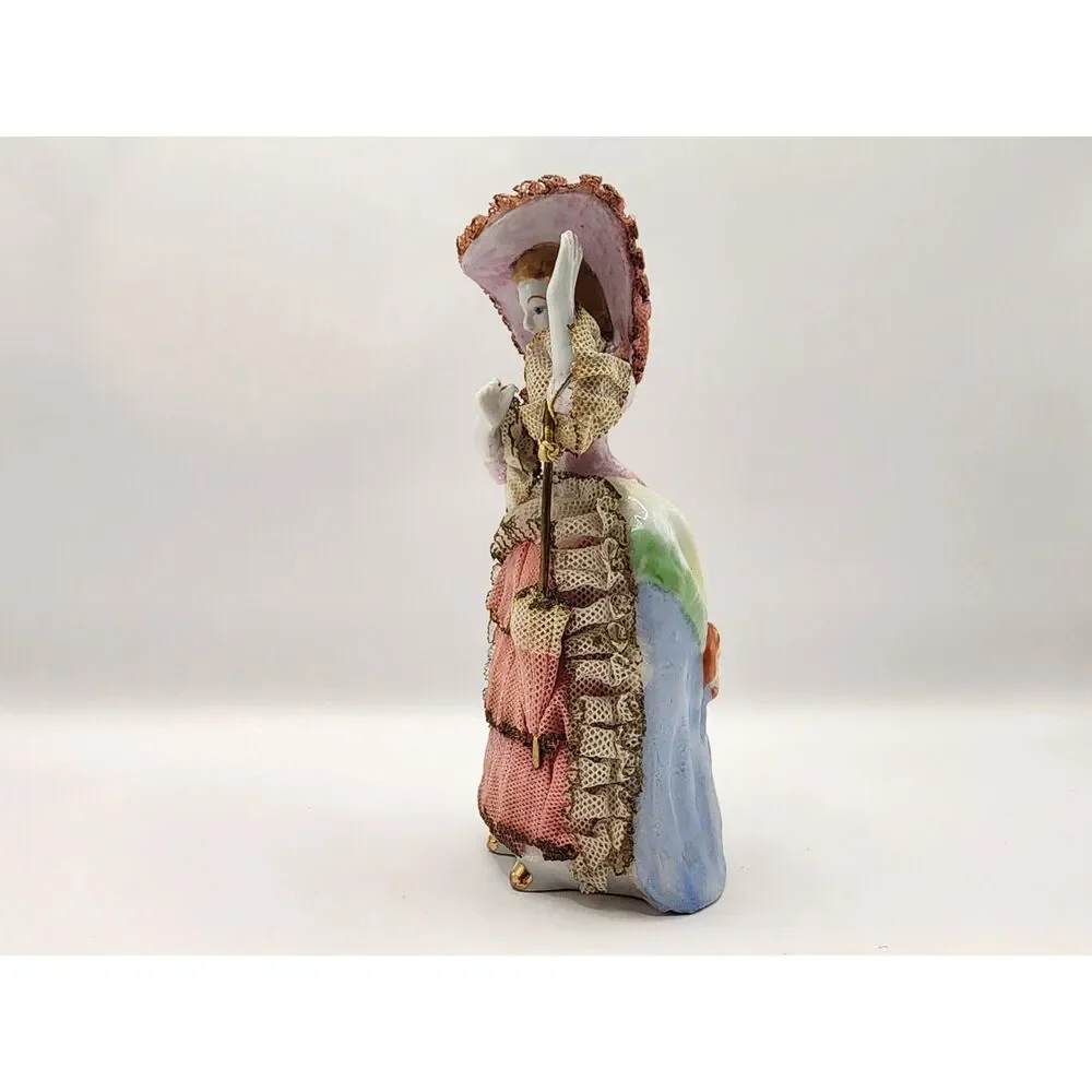 Vintage Porcelain Lace Lady Figurine Pink Dress Hat Parasol Japan 5 inches